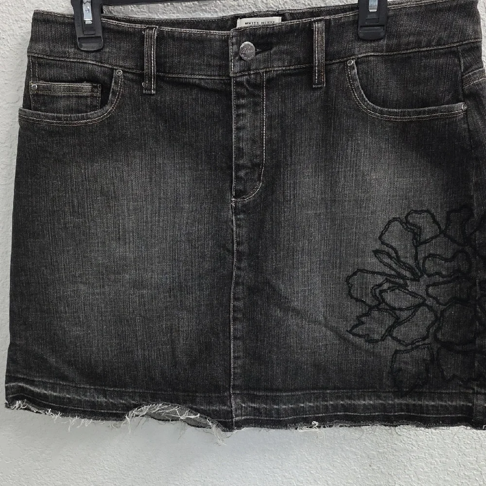 WHBM Black Faded Distressed Denim Jean Mini Skirt Embroidered Floral